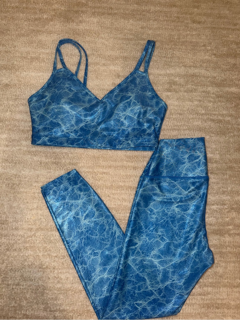 Carbon38 Blue Marble-Print Bralette & Leggings Set